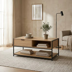 CARLA HOME Coffee Table with Drawer - Wood and Metal Frame - Brown - Rustic - Steel