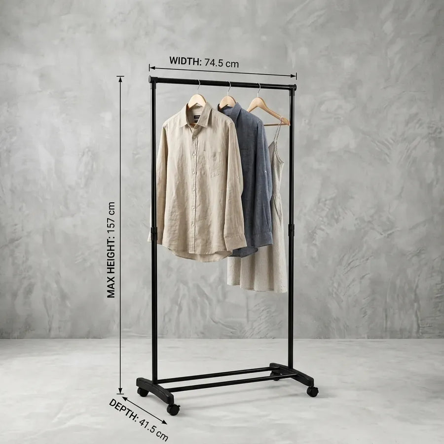 CARLA HOME Clothes Rack with Wheels - Adjustable Height Rail - Black - Garment Rack