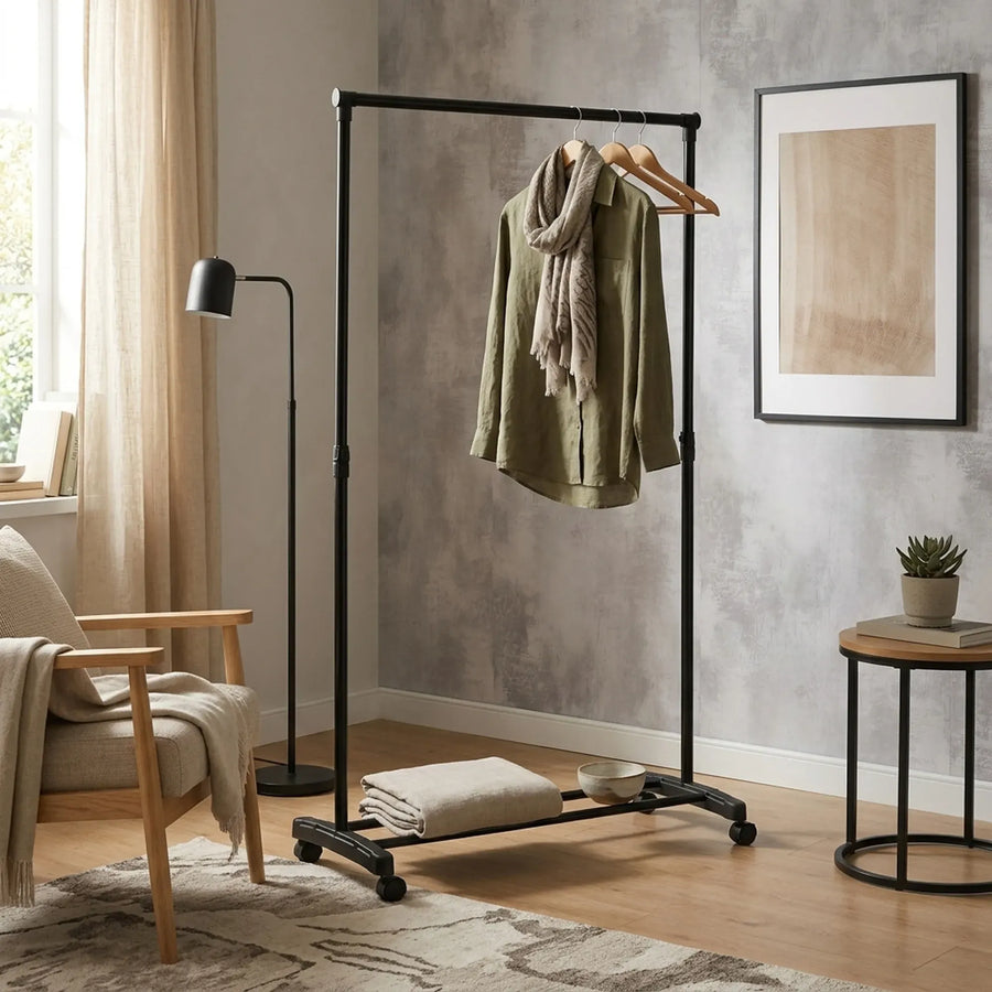 CARLA HOME Clothes Rack with Wheels - Adjustable Height Rail - Black - Garment Rack