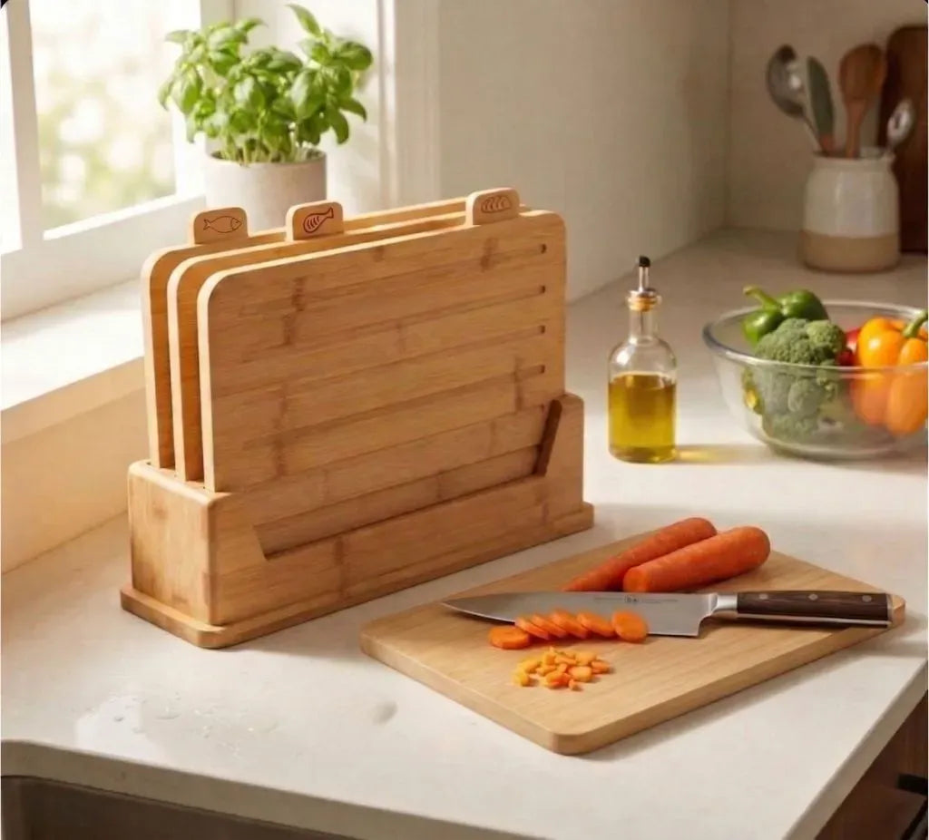 CARLA HOME Bamboo Cutting Board Set with Stand, 4 Pieces for Kitchen