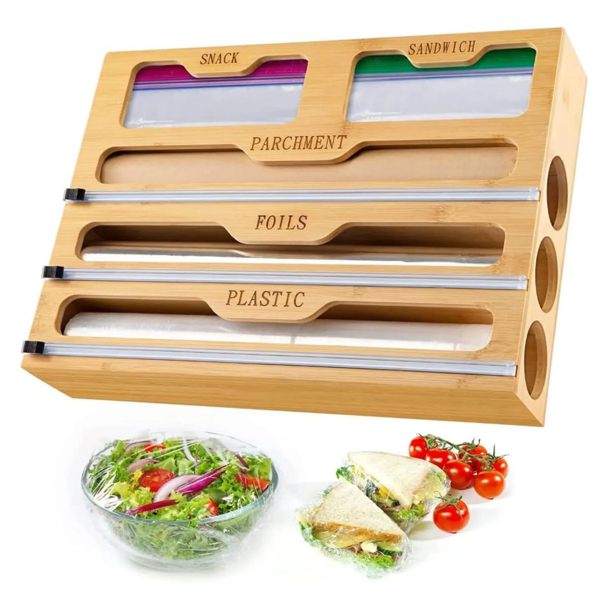 CARLA HOME Bamboo Wrap Organiser, 5 in 1 Dispenser with Cutter for Kitchen