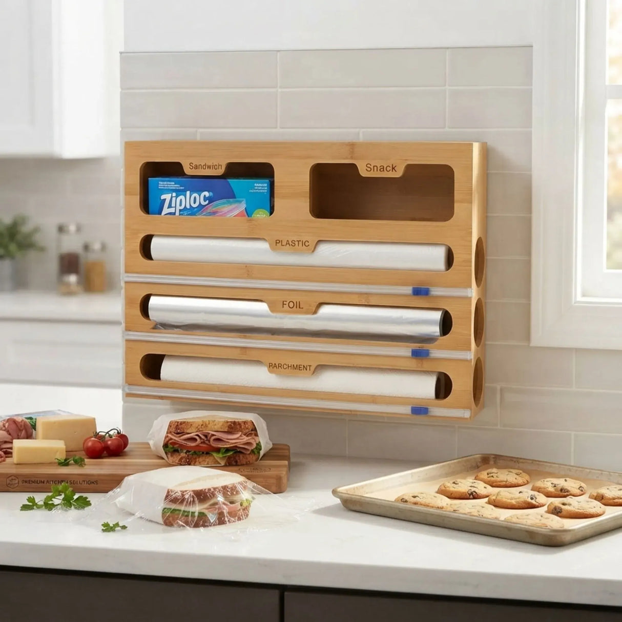 CARLA HOME Bamboo Wrap Organiser, 5 in 1 Dispenser with Cutter for Kitchen