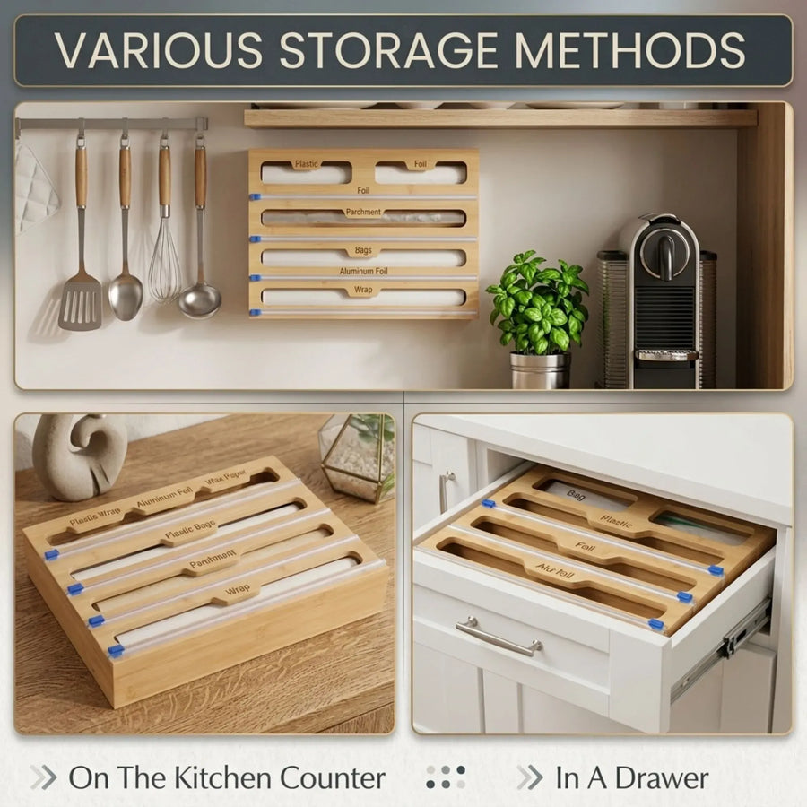 CARLA HOME Bamboo Wrap Organiser, 5 in 1 Dispenser with Cutter for Kitchen, image 3