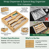 CARLA HOME Bamboo Wrap Organiser, 5 in 1 Dispenser with Cutter for Kitchen - Top-Down View