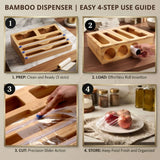 CARLA HOME Bamboo Wrap Organiser, 5 in 1 Dispenser with Cutter for Kitchen - Close-Up Angle