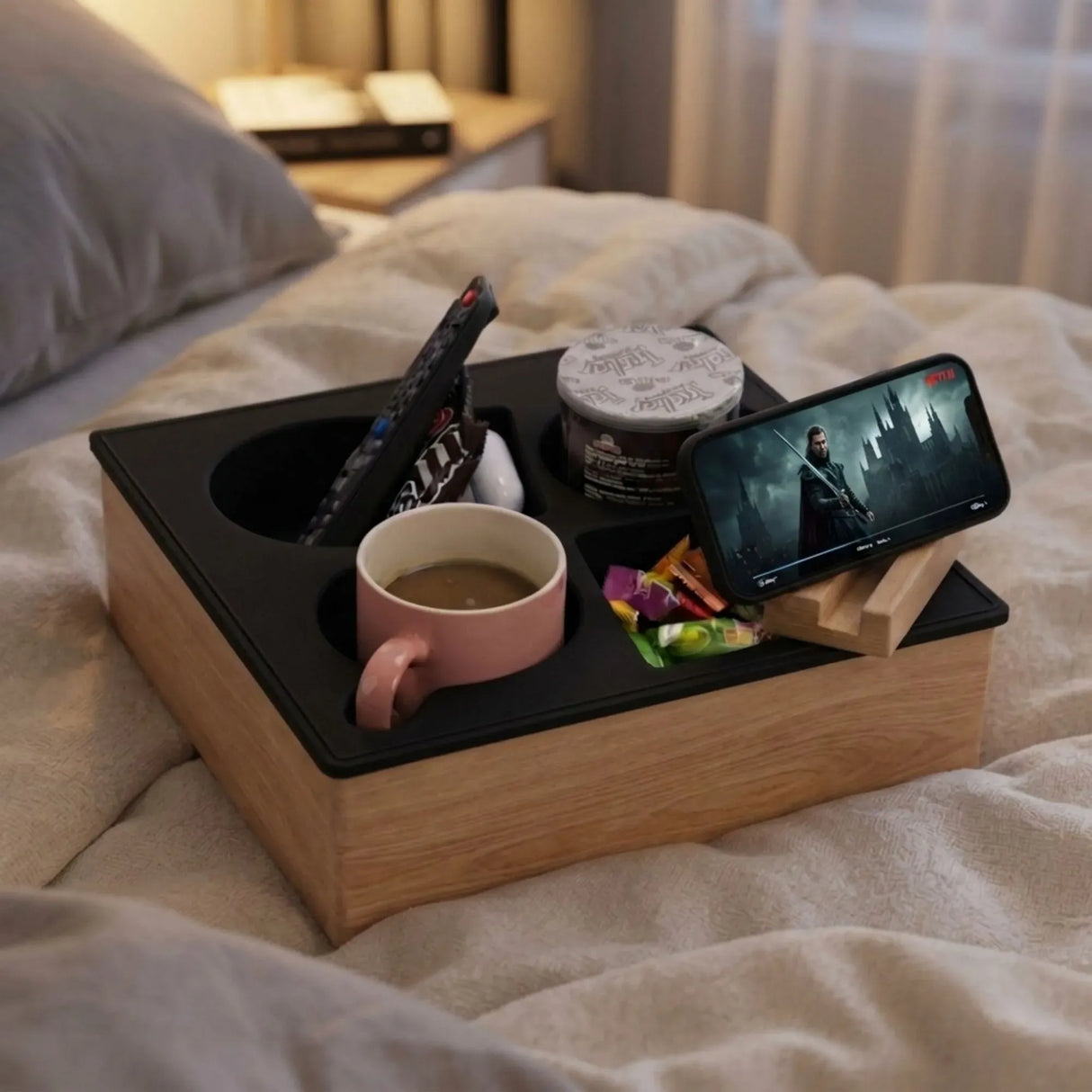 CARLA HOME Couch Cup Holder Tray, Wood Sofa Caddy, Antislip , Living Room