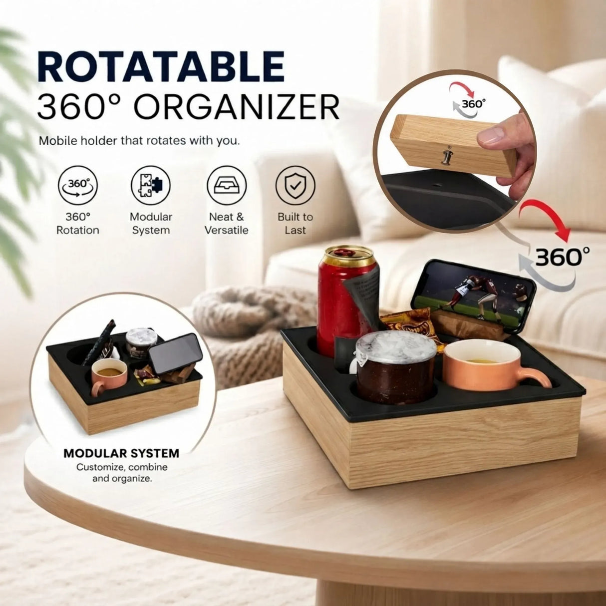 CARLA HOME Couch Cup Holder Tray, Wood Sofa Caddy, Antislip , Living Room