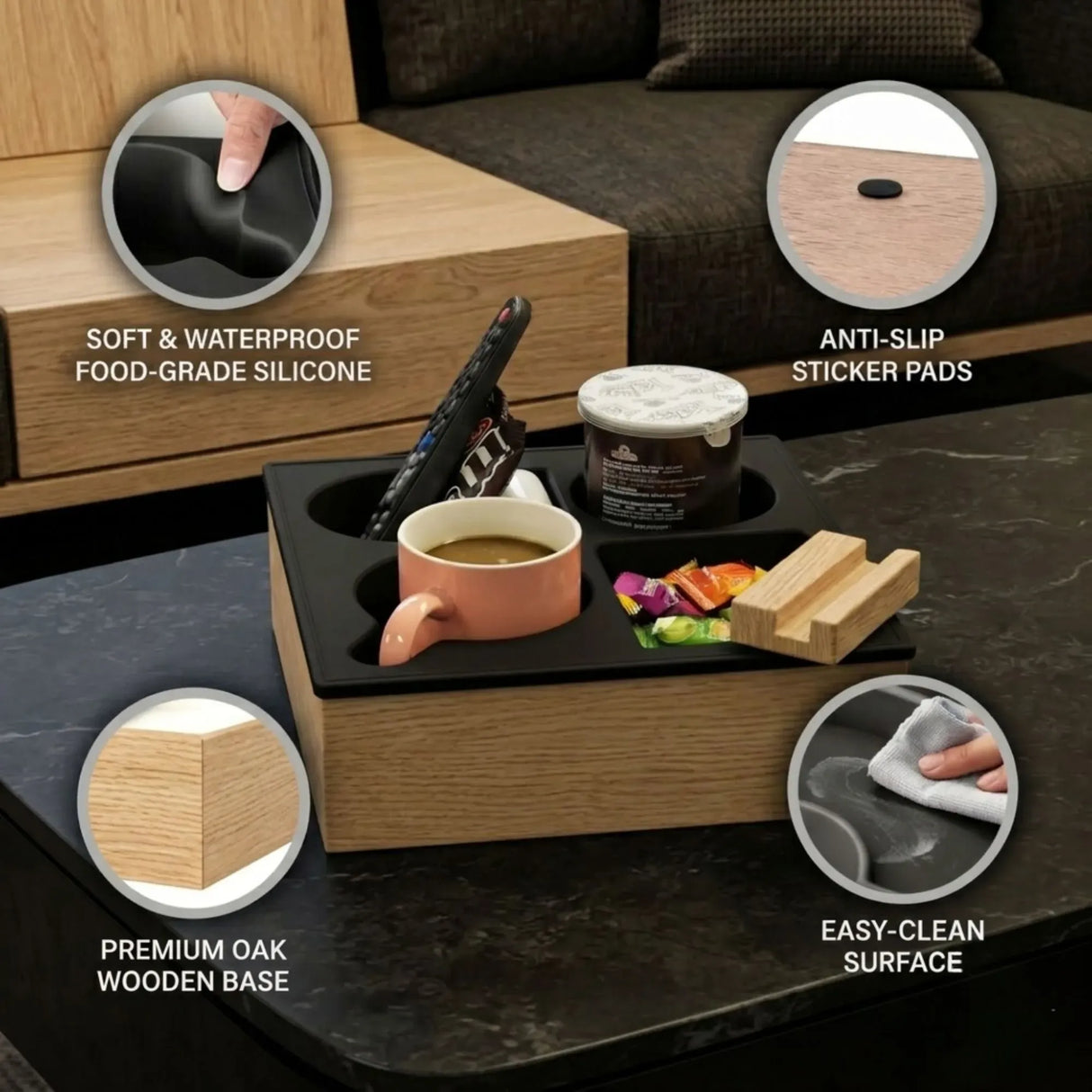 CARLA HOME Couch Cup Holder Tray, Wood Sofa Caddy, Antislip , Living Room