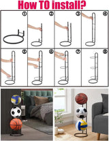 CARLA HOME 4 Tier Ball Storage Rack - Vertical Metal Stand - Black - Basketball Hoop - Low Angle