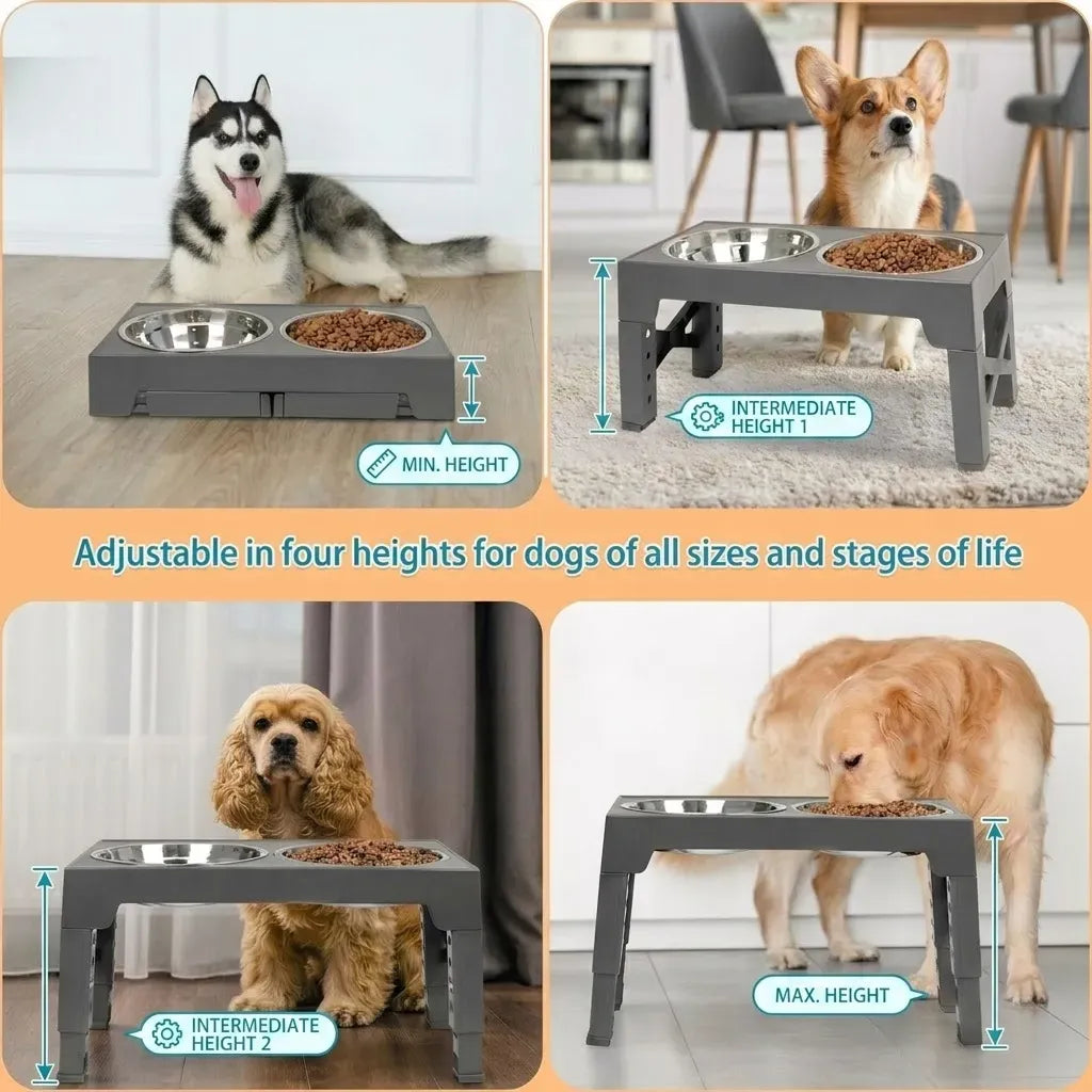 CARLA HOME Raised Dog Bowl Stand - 4 - Height Adjustable - Black - Pet Feeder - Metal