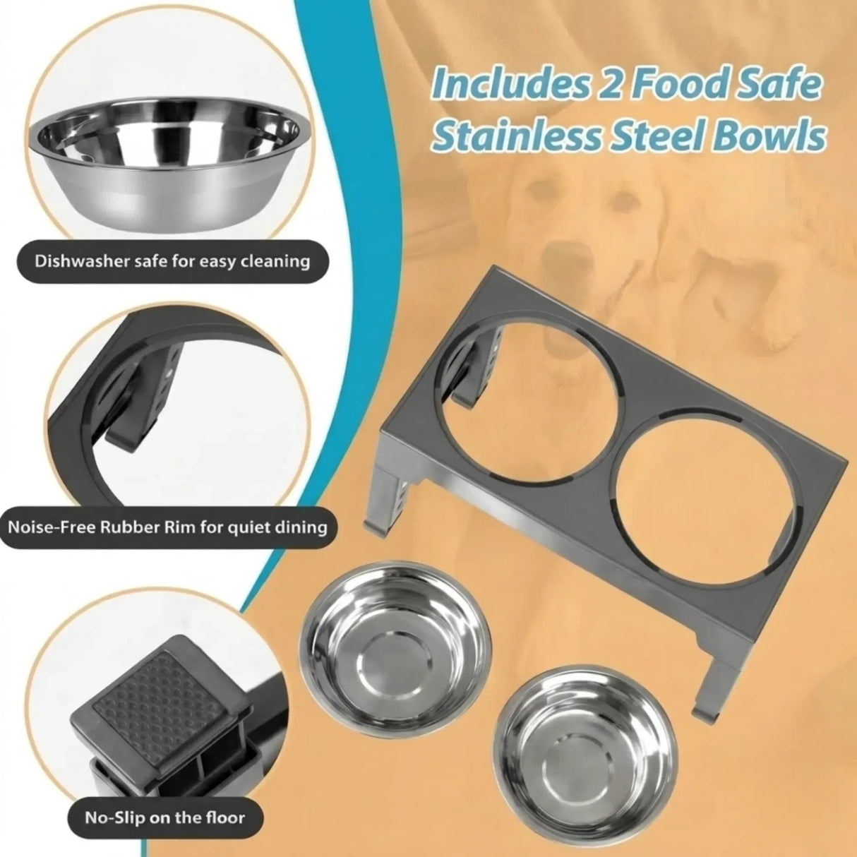 CARLA HOME Raised Dog Bowl Stand - 4 - Height Adjustable - Black - Pet Feeder - Metal