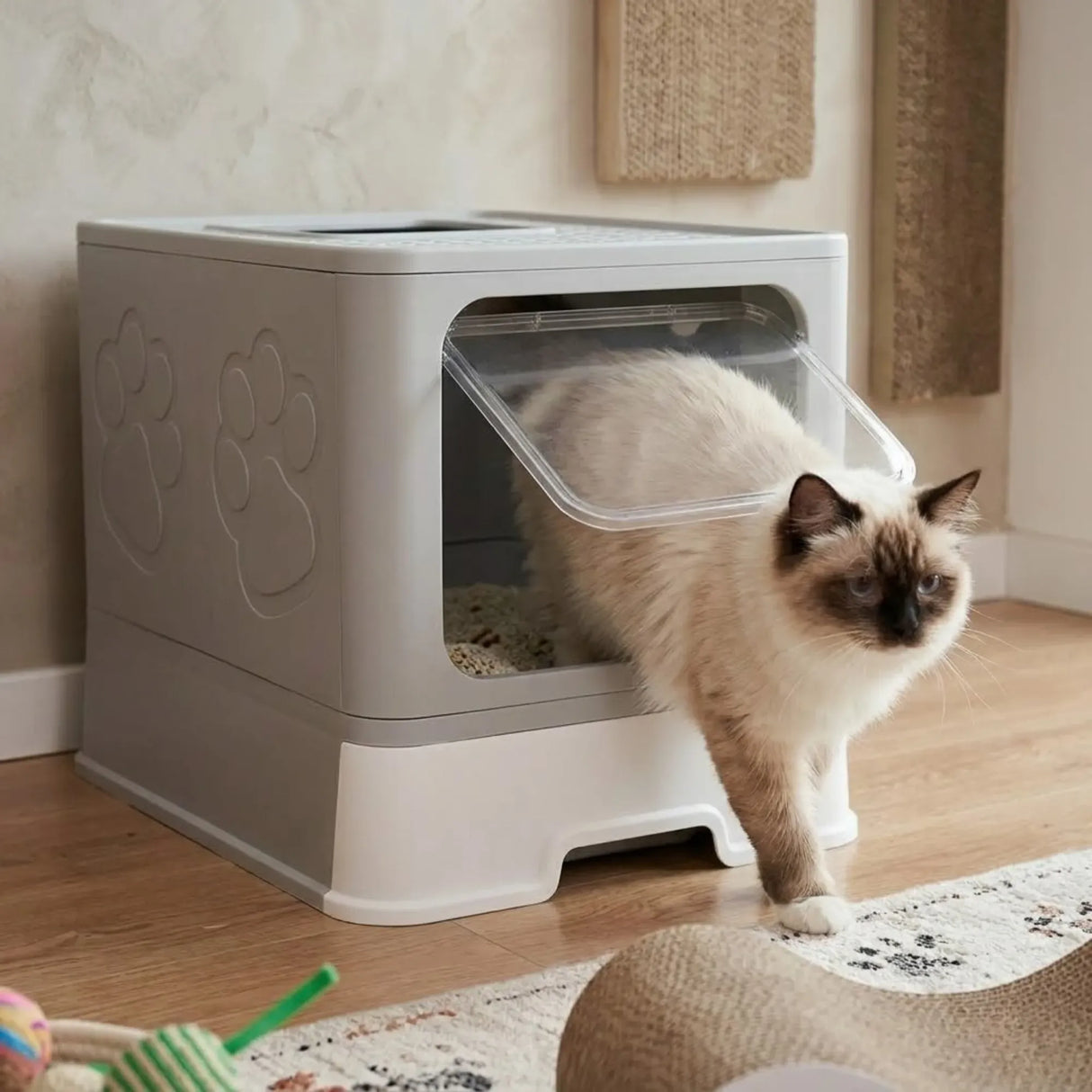 CARLA HOME Foldable Enclosed Cat Litter Box with Scoop - Grey - Plastic - Kitty Litter Tray