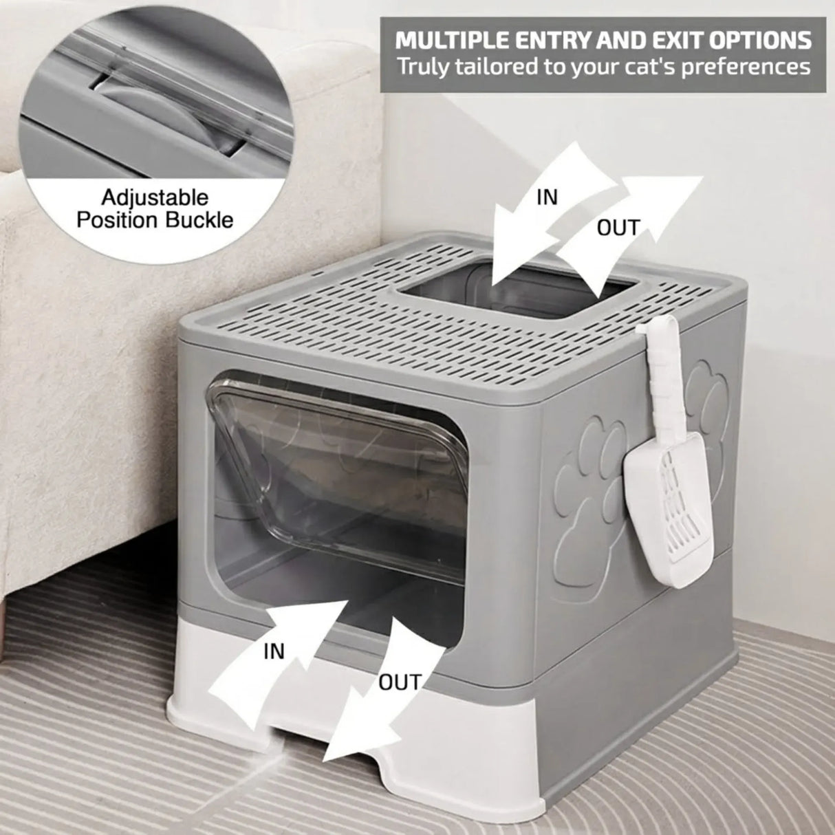 CARLA HOME Foldable Enclosed Cat Litter Box with Scoop - Grey - Plastic - Kitty Litter Tray