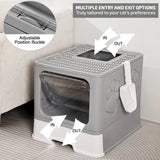 CARLA HOME Foldable Enclosed Cat Litter Box with Scoop - Grey - Plastic - Kitty Litter Tray - Rear View