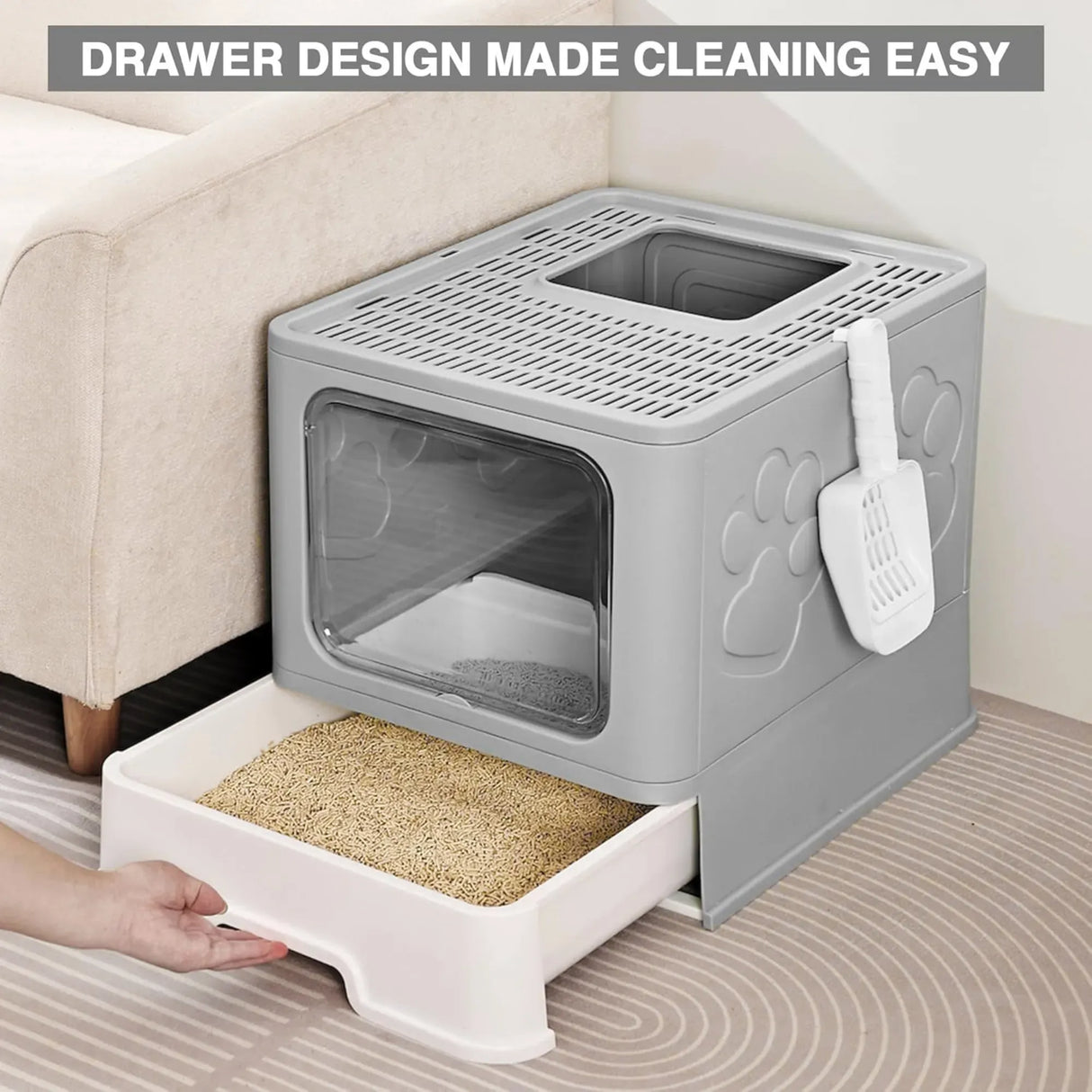 CARLA HOME Foldable Enclosed Cat Litter Box with Scoop - Grey - Plastic - Kitty Litter Tray