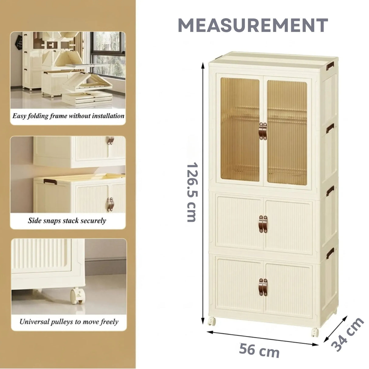 CARLA HOME 3 - Tier Foldable Wardrobe Cabinet - White - Plastic - Clothe Storage