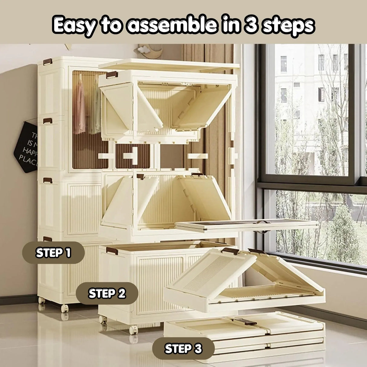 CARLA HOME 3 - Tier Foldable Wardrobe Cabinet - White - Plastic - Clothe Storage