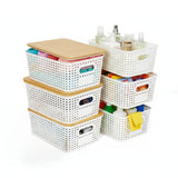 CARLA HOME Storage Bins with Bamboo Lids - 6 Pack - White - Plastic - Storage Bins 6 Pcs