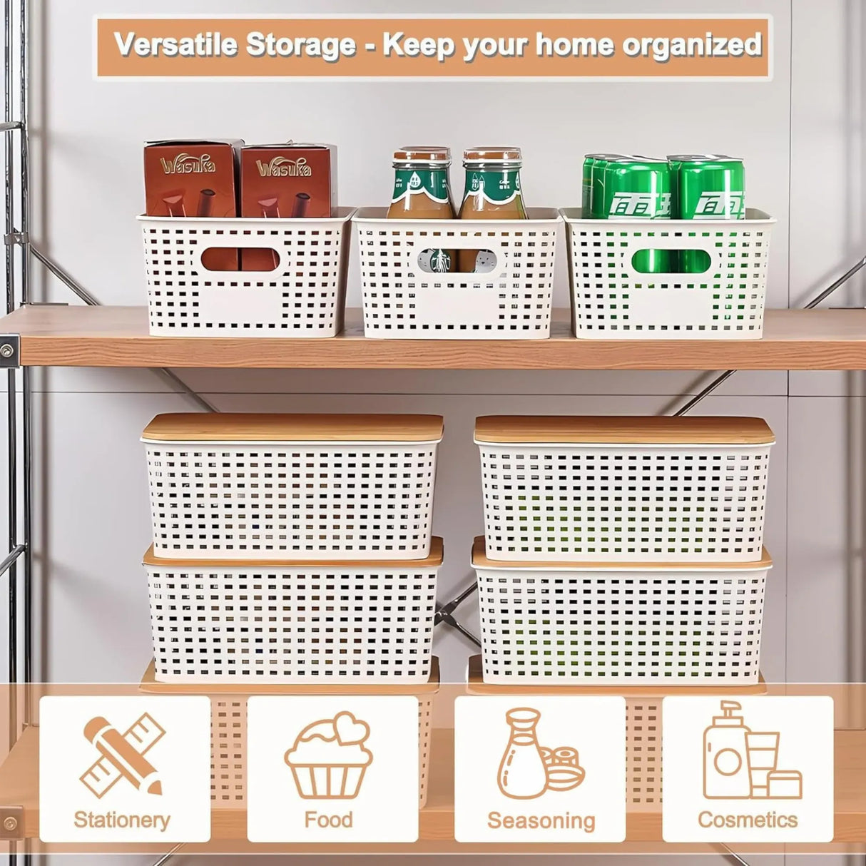 CARLA HOME Storage Bins with Bamboo Lids - 6 Pack - White - Plastic - Storage Bins 6 Pcs