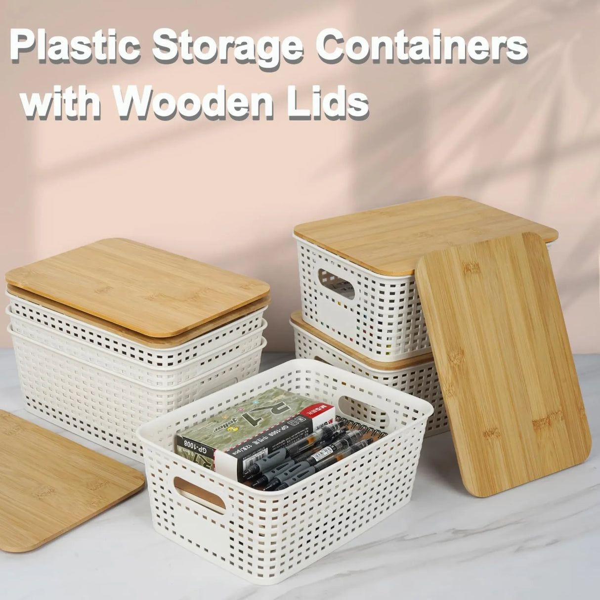 CARLA HOME Storage Bins with Bamboo Lids - 6 Pack - White - Plastic - Storage Bins 6 Pcs