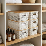 CARLA HOME Storage Bins with Bamboo Lids - 6 Pack - White - Plastic - Storage Bins 6 Pcs - Extra Image