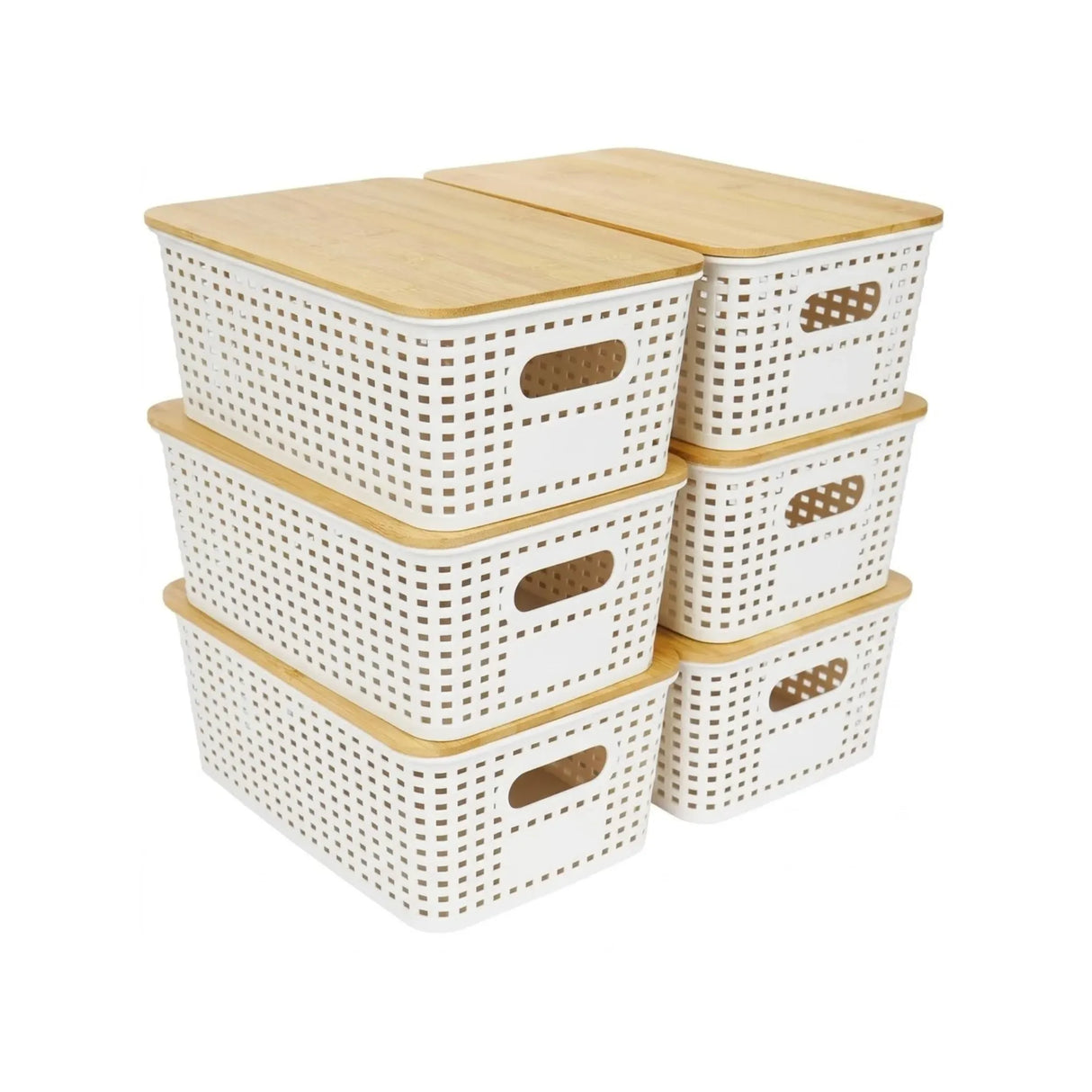 CARLA HOME Storage Bins with Bamboo Lids - 6 Pack - White - Plastic - Storage Bins 6 Pcs