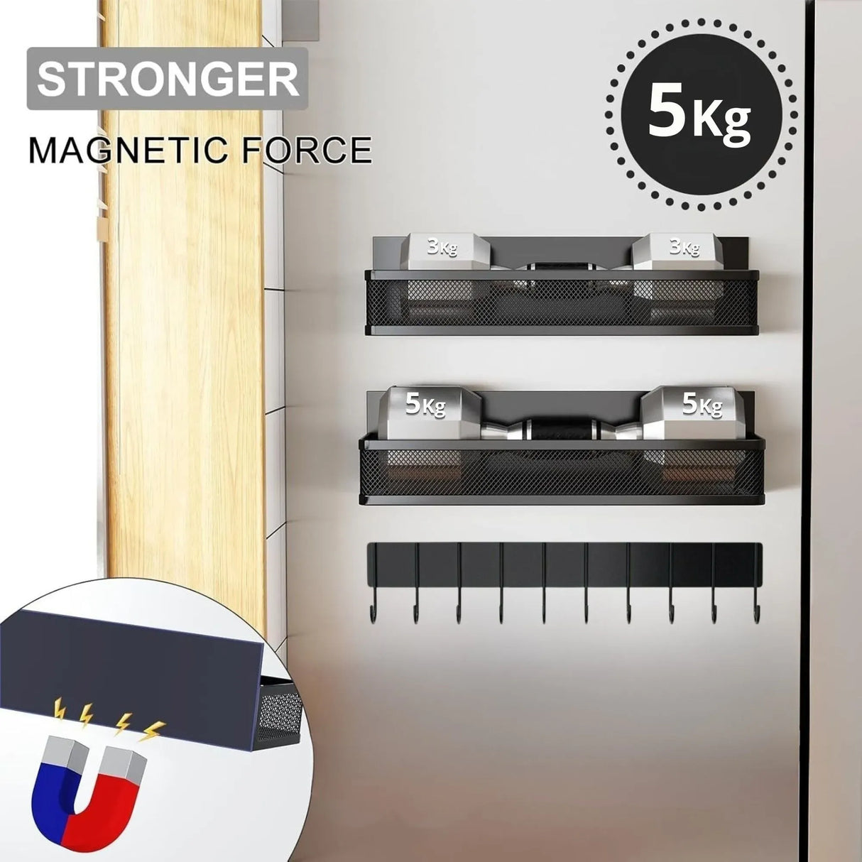 CARLA HOME 5 Pack Magnetic Spice Rack for Fridge Kitchen with Hook Bar