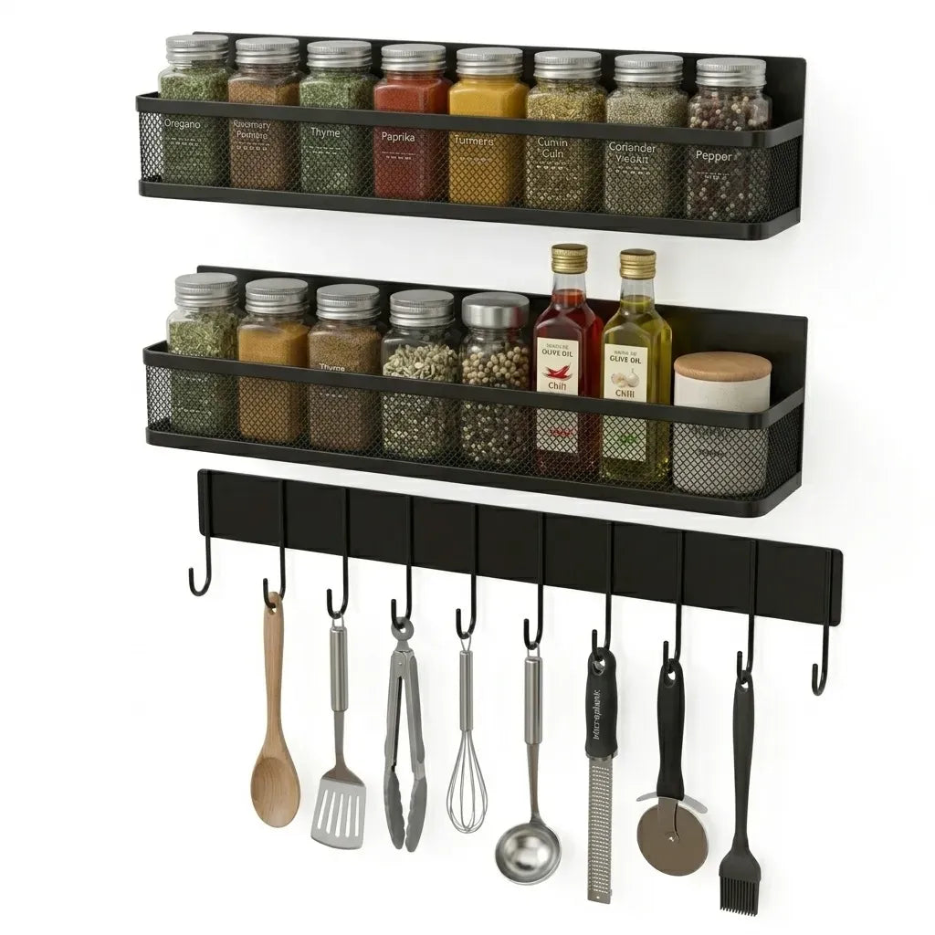 CARLA HOME 3 Pack Magnetic Spice Rack for Fridge Kitchen with Hook Bar