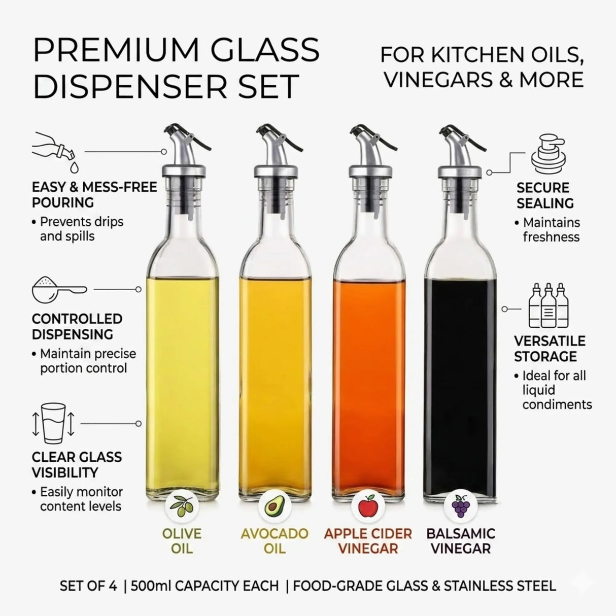 CARLA HOME 4 Pack Glass Oil Dispenser Bottle 500ml Transparent Kitchen