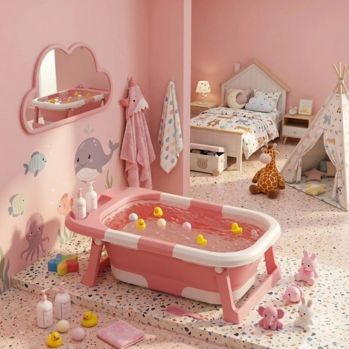 CARLA HOME Foldable Baby Bath Tub with Collapsible Toddler - Pink