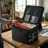 CARLA HOME Fireproof Document Box with Lock - Collapsible Black - Glass Fiber - Reflective Strip Design - Front View