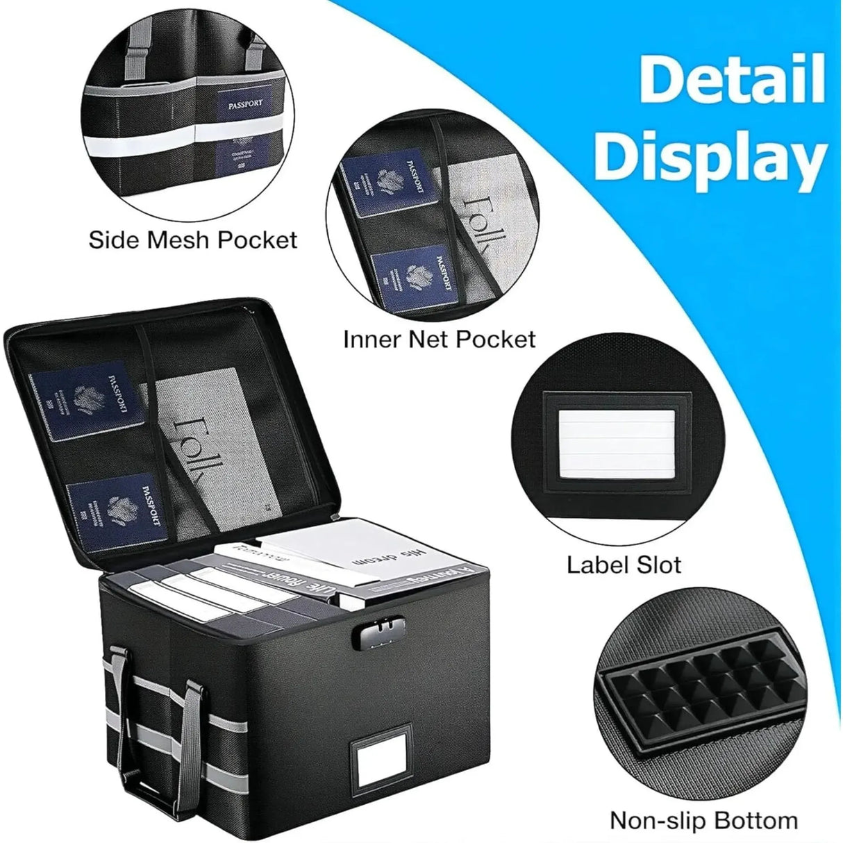CARLA HOME Fireproof Document Box with Lock - Collapsible Black - Glass Fiber - Reflective Strip Design