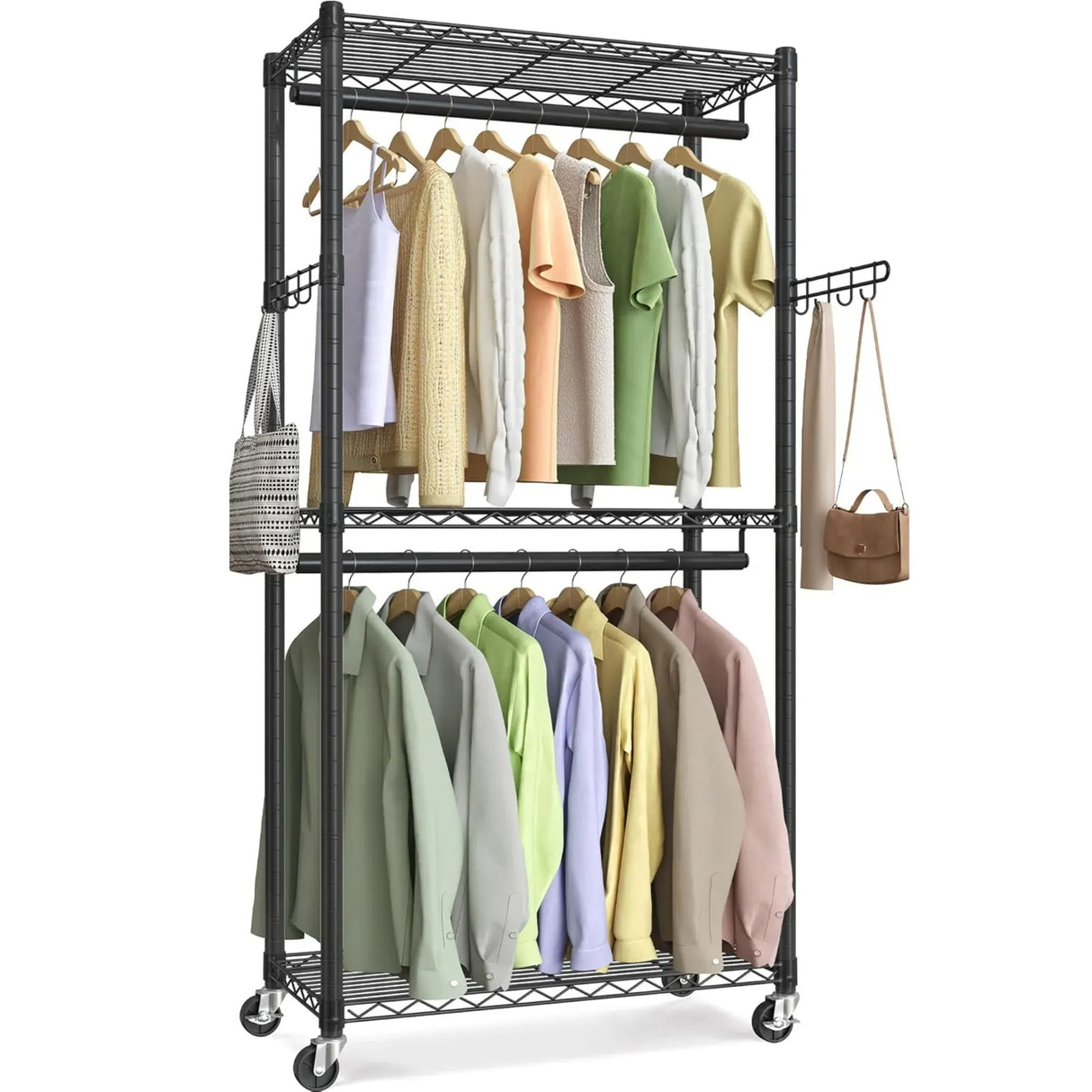 CARLA HOME Double Rail Garment Rack with Shelves - Rolling - Portable Wardrobe