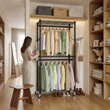 CARLA HOME Double Rail Garment Rack with Shelves - Rolling - Portable Wardrobe - Front View