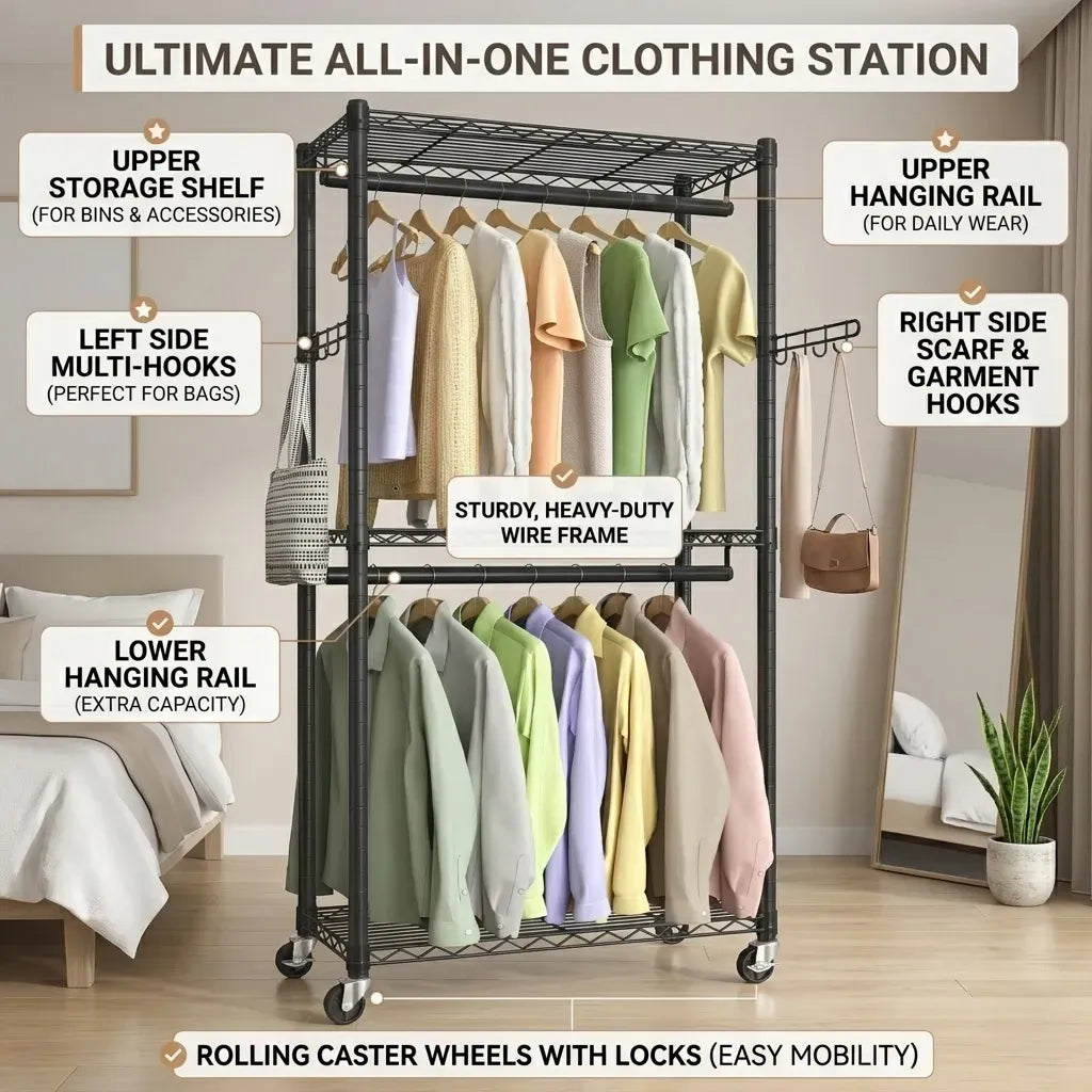 CARLA HOME Double Rail Garment Rack with Shelves - Rolling - Portable Wardrobe