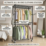 CARLA HOME Double Rail Garment Rack with Shelves - Rolling - Portable Wardrobe - Side View