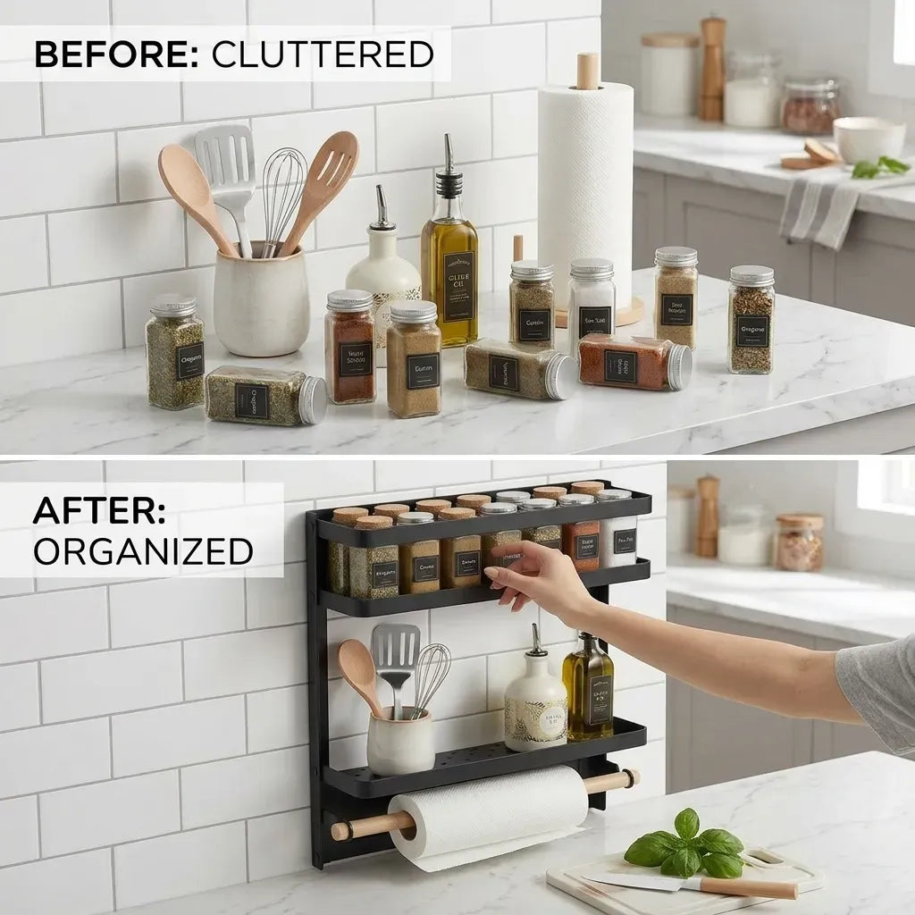 CARLA HOME Magnetic Refrigerator Spice Rack - 2 Tier Fridge Organiser - Black