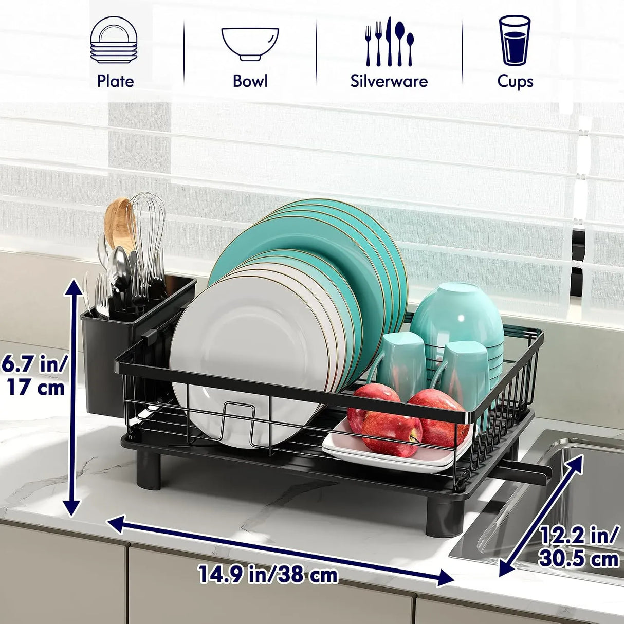 CARLA HOME Dish Drying Rack with Drainboard & Utensil Holder for Kitchen (Black)