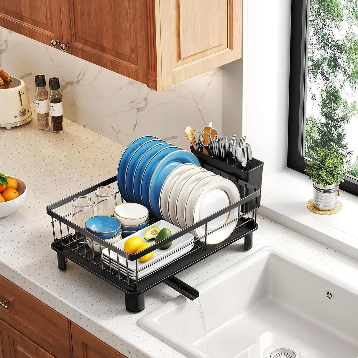 CARLA HOME Dish Drying Rack with Drainboard & Utensil Holder for Kitchen (Black)