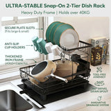 CARLA HOME 2 tier Dish Drying Rack with Drainboard & Utensil Holder for Kitchen (Black) - Front View