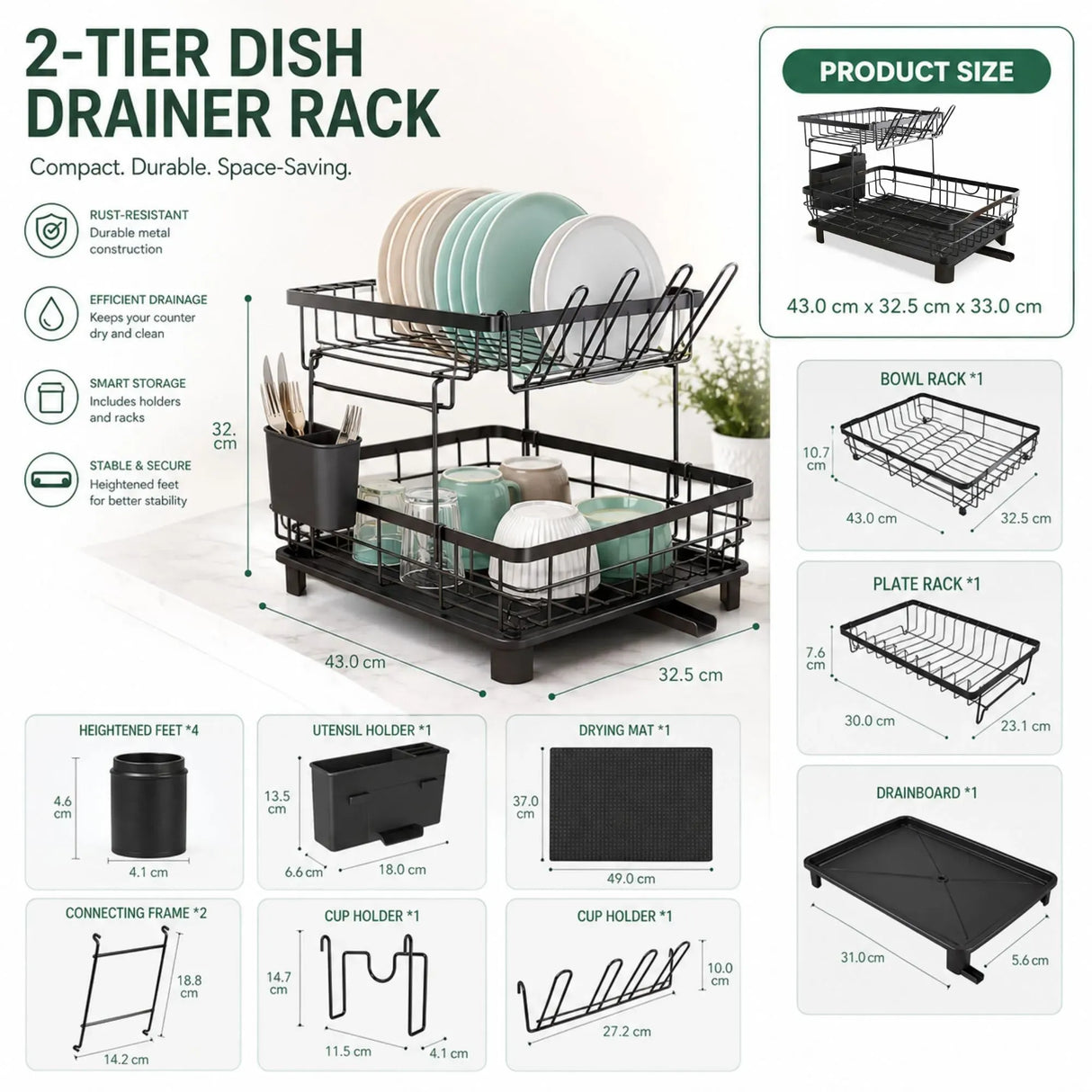 CARLA HOME 2 tier Dish Drying Rack with Drainboard & Utensil Holder for Kitchen (Black)