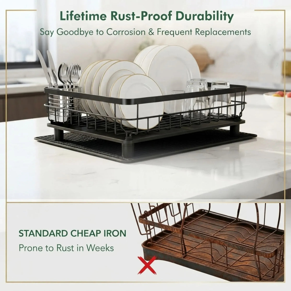 CARLA HOME 2 tier Dish Drying Rack with Drainboard & Utensil Holder for Kitchen (Black)