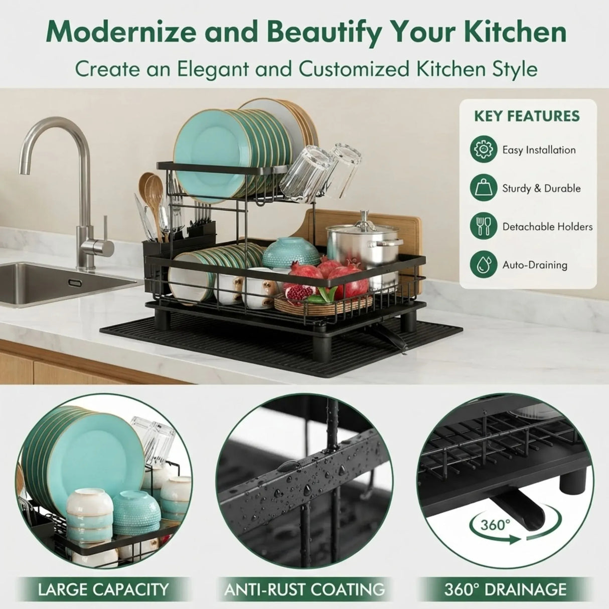 CARLA HOME 2 tier Dish Drying Rack with Drainboard & Utensil Holder for Kitchen (Black)