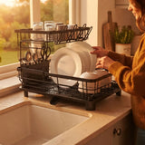 CARLA HOME 2 tier Dish Drying Rack with Drainboard & Utensil Holder for Kitchen (Black) - Low Angle