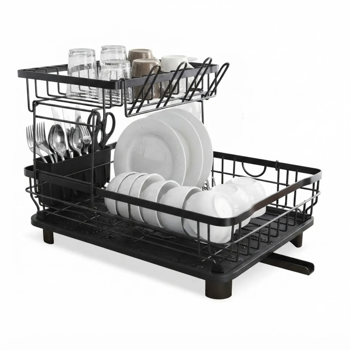 CARLA HOME 2 tier Dish Drying Rack with Drainboard & Utensil Holder for Kitchen (Black)