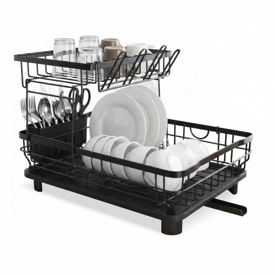CARLA HOME 2 tier Dish Drying Rack with Drainboard & Utensil Holder for Kitchen (Black)