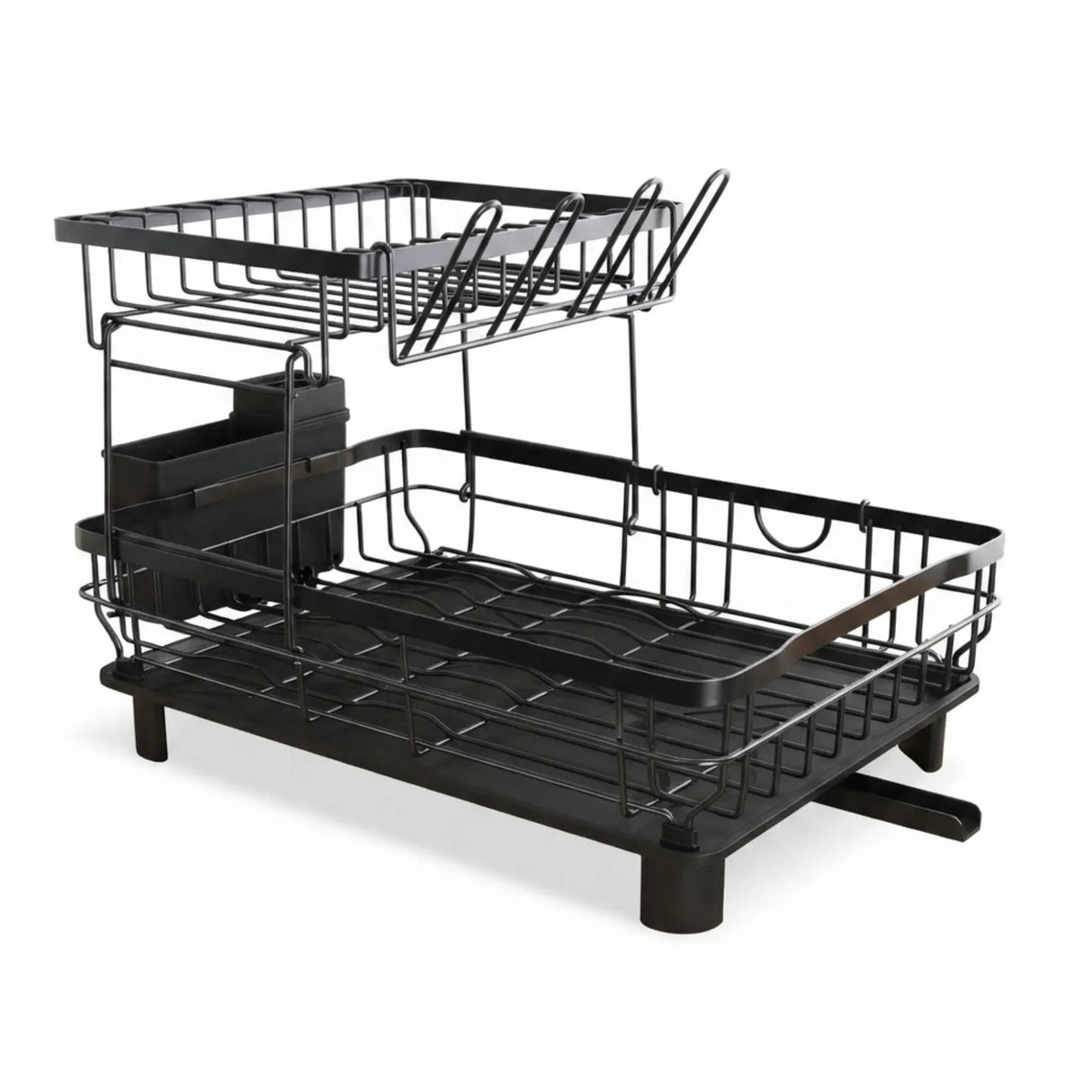 CARLA HOME 2 tier Dish Drying Rack with Drainboard & Utensil Holder for Kitchen (Black)