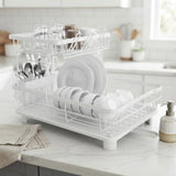 CARLA HOME 2 tier Dish Drying Rack with Drainboard & Utensil Holder for Kitchen (White)