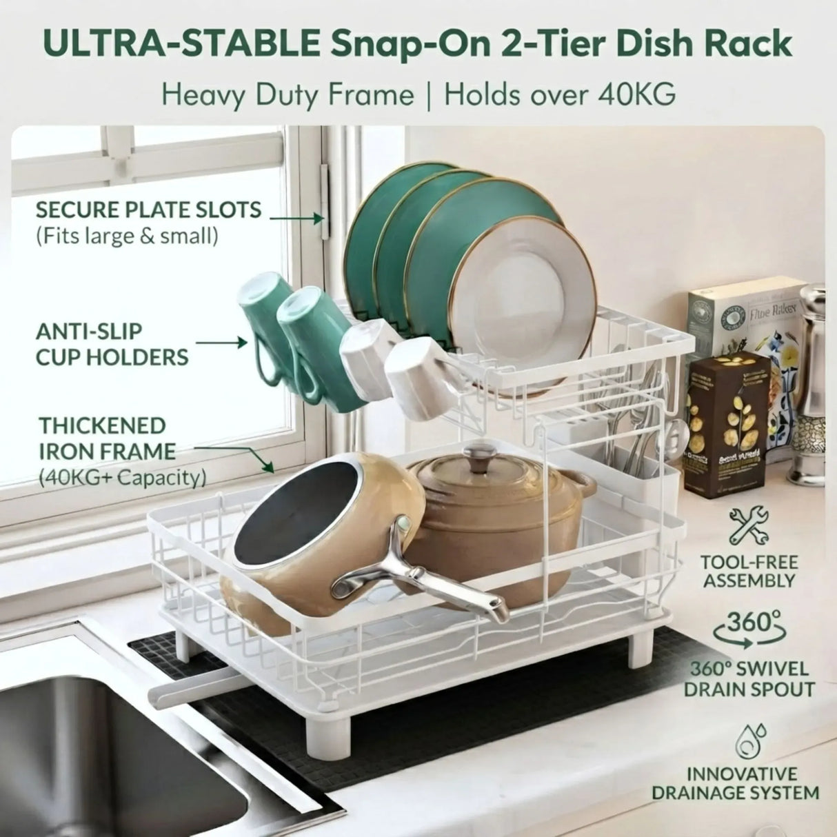 CARLA HOME 2 tier Dish Drying Rack with Drainboard & Utensil Holder for Kitchen (White)
