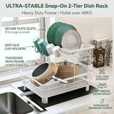 CARLA HOME 2 tier Dish Drying Rack with Drainboard & Utensil Holder for Kitchen (White) - Front View